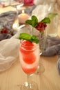 Sparkling cocktail with watermelon and melon ball-shaped pieces Royalty Free Stock Photo