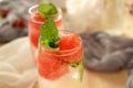 Sparkling cocktail with watermelon and melon ball-shaped pieces Royalty Free Stock Photo