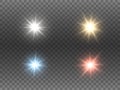 Sparkling color lights set on transparent background. Glowing Christmas stars collection. Bright glare effects and rays Royalty Free Stock Photo