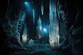 sparkling crystal cave formations in the dark