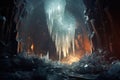 sparkling crystal formations in a dark cavern