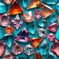 Sparkling crystal gemstones in blue pink and orange, faceted gem background