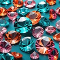 Sparkling crystal gemstones in blue pink and orange, faceted gem background