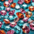 Sparkling crystal gemstones in blue pink and orange, faceted gem background