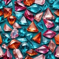 Sparkling crystal gemstones in blue pink and orange, faceted gem background