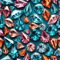 Sparkling crystal gemstones in blue pink and orange, faceted gem background