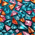 Sparkling crystal gemstones in blue pink and orange, faceted gem background