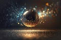 Sparkling disco ball, luxurious dark blue background, sparkling flying sparkles, golden bokeh. Creative holiday design, Royalty Free Stock Photo