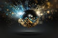 Sparkling disco ball, luxurious dark blue background, sparkling flying sparkles, golden bokeh. Creative holiday design, Royalty Free Stock Photo