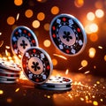 Sparkling dynamic flying poker casino chips, showing the excitement and thrill of gambling