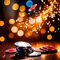 Sparkling dynamic flying poker casino chips, showing the excitement and thrill of gambling