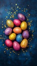 Sparkling Easter Collection of Colorful Glittering Eggs and Confetti on a Festive Blue Background Royalty Free Stock Photo