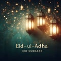 Sparkling Eid-ul-Adha: Illuminated Lanterns & Mubarak Wishes Royalty Free Stock Photo