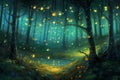 Sparkling fireflies are flying in the night forest