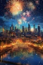 sparkling fireworks display over city skyline