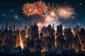 A sparkling fireworks display over a city skyline at midnight on New Year\'s Eve