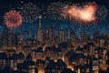 A sparkling fireworks display over a city skyline at midnight on New Year\'s Eve