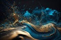 Sparkling fluid. Abstract background. Ink mix. Defocused shiny blue silver golden color glitter particles texture paint wave dark Royalty Free Stock Photo