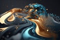 Sparkling fluid. Abstract background. Ink mix. Defocused shiny blue silver golden color glitter particles texture paint wave dark Royalty Free Stock Photo
