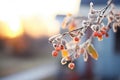 sparkling frost on a bunch of serviceberries at dawn Royalty Free Stock Photo