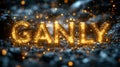Sparkling GANLY text on dark, glowing background magic, fantasy, intro Royalty Free Stock Photo