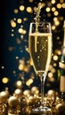 A sparkling glass of champagne, bubbling with excitement, raised in a toast to celebrate the start of a new year.