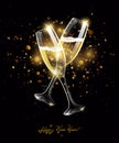 Sparkling glasses of champagne on black background, bokeh effect with sign Happy New Year