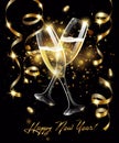 Sparkling glasses of champagne with Gold serpentine on black background, bokeh effect with sign Happy New Year Royalty Free Stock Photo