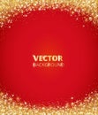 Sparkling glitter border, frame. Falling golden dust on red background. Vector gold glittering decoration. Royalty Free Stock Photo