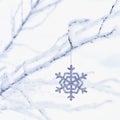 Sparkling glitter snowflake Christmas ornament decoration hanging from frosty branches with white snow background. Winter holiday Royalty Free Stock Photo