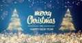 Sparkling gold and silver lights xmas tree Merry Christmas and Happy New Year greeting message on blue background,snow