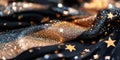Sparkling gold and silver stars on black fabric background Royalty Free Stock Photo