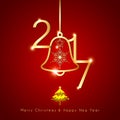 Sparkling Golden Christmas Bell on Red Background Royalty Free Stock Photo