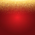 Sparkling Golden Glitter red Background. Falling Shiny Confetti with Gold Shards