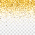 Sparkling Golden Glitter on Transparent Vector Background. Falling Shiny Confetti with Gold Shards. Shining Light Effect