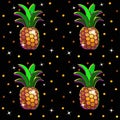 Sparkling golden pineapples with sparkles and sequins on a black background - vector seamless pattern. Bright rich shining backgro