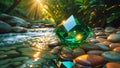 Luminous Emerald Gemstone on Tranquil River Rocks at Sunset Royalty Free Stock Photo