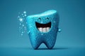 sparkling happy cartoon character tooth on blue background. The concept of dental health care. Generative AI Royalty Free Stock Photo