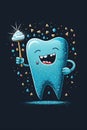 sparkling happy cartoon character tooth on blue background. The concept of dental health care. Generative AI Royalty Free Stock Photo