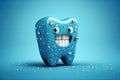 sparkling happy cartoon character tooth on blue background. The concept of dental health care. Generative AI Royalty Free Stock Photo