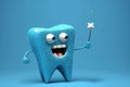 sparkling happy cartoon character tooth on blue background. The concept of dental health care. Generative AI Royalty Free Stock Photo