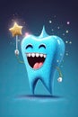 sparkling happy cartoon character tooth on blue background. The concept of dental health care. Generative AI Royalty Free Stock Photo