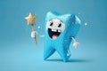 sparkling happy healthy tooth on blue background. Cartoon character. Protection and care of teeth. Generative AI Royalty Free Stock Photo