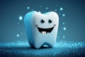 sparkling happy healthy tooth on blue background. Cartoon character. Protection and care of teeth. Generative AI Royalty Free Stock Photo