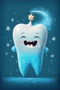 sparkling happy healthy tooth on blue background. Cartoon character. Protection and care of teeth. Generative AI