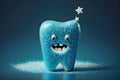 sparkling happy healthy tooth on blue background. Cartoon character. Protection and care of teeth. Generative AI Royalty Free Stock Photo