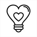 Sparkling light bulb icon. Heart inside light bulb, love idea icon.