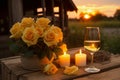 Sparkling Love. Captivating Champagne Glasses, Exquisite Flowers, burning candles, sunset and Irresistibly Cozy Ambiance Royalty Free Stock Photo