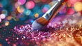 Sparkling Makeup Brush Over Colorful Glitter Background Royalty Free Stock Photo