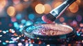 Sparkling Makeup Brush Over Colorful Glitter Background Royalty Free Stock Photo